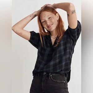 Madewell Lightspun Bubble-Sleeve Top Plaid Flannel Pullover Blouse Sz Small